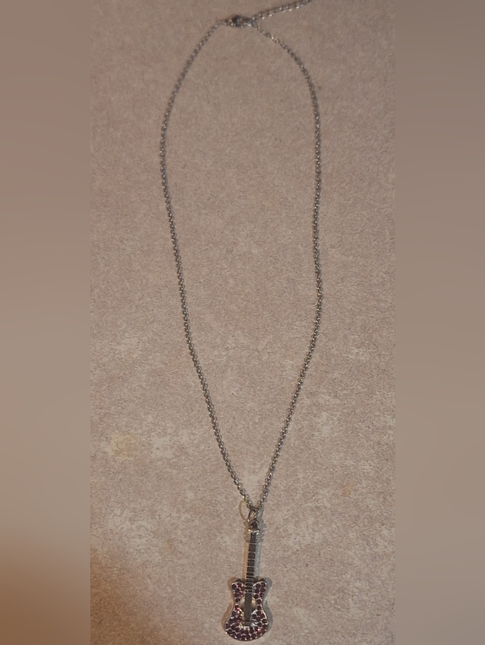 Stainless Silver Tone Necklace 18-20" with Pink Rhinestone Guitar Pendant NWOT